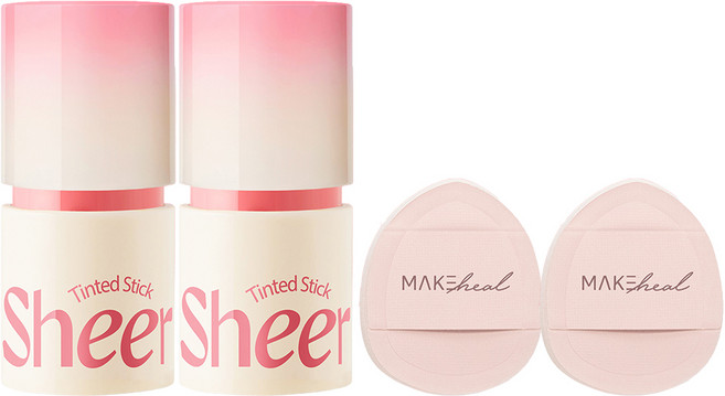 메이크힐 틴티드 쉬어 스틱 블러셔 6g + 핑거퍼프 세트, 03 쉬어 핑크 프롤리, 2개