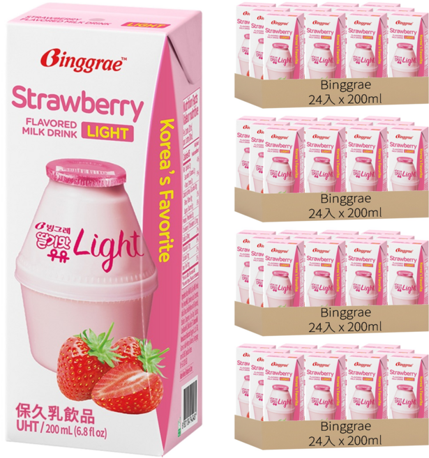 Binggrae light 草莓風味保久乳飲品, 200ml, 96入