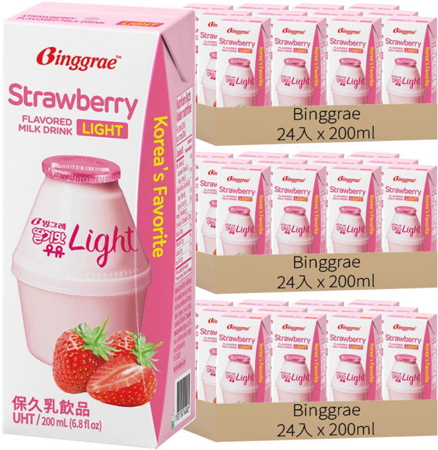 Binggrae light 草莓風味保久乳飲品, 200ml, 72入