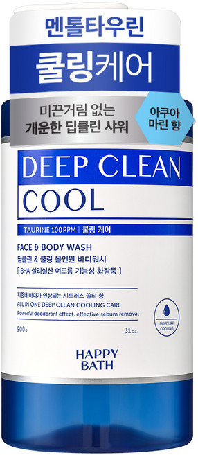 해피바스 딥클린 멘톨 쿨링 케어 올인원 바디워시 아쿠아 마린향, 900g, 900ml, 1개