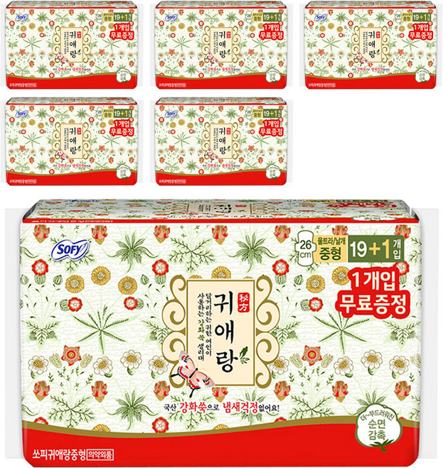 쏘피 귀애랑 생리대 날개형, 중형, 20개입, 6개
