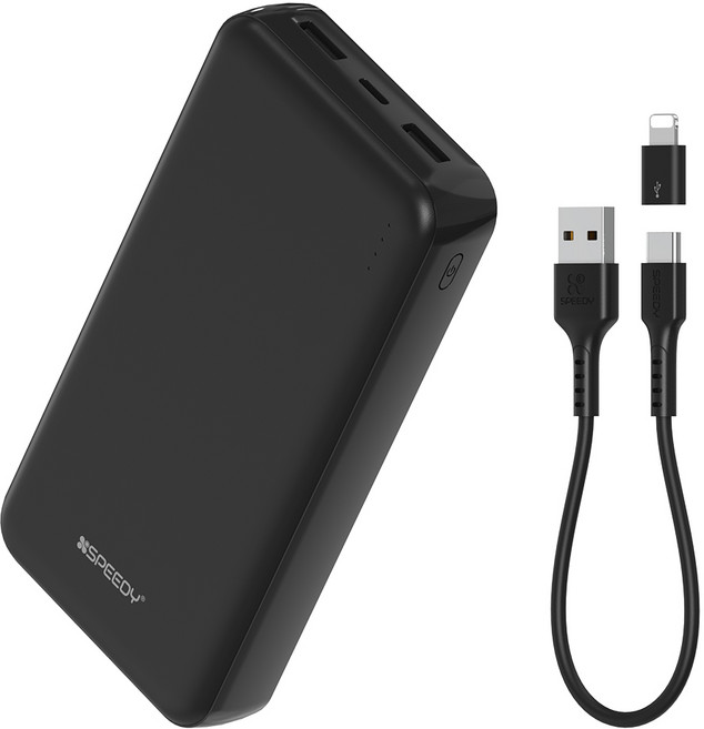스피디 슬림 듀얼 보조배터리 20000mAh 듀얼포트 + C타입 케이블 + 8핀 젠더 세트, 블랙, SPE-B22PCPPB200A