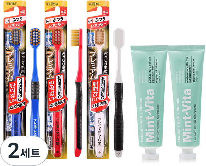EBISU 프리미엄케어 G 칫솔 랜덤발송 3p + 오리지널 민트비타치약 120g 2p 세트, 240g, 2세트