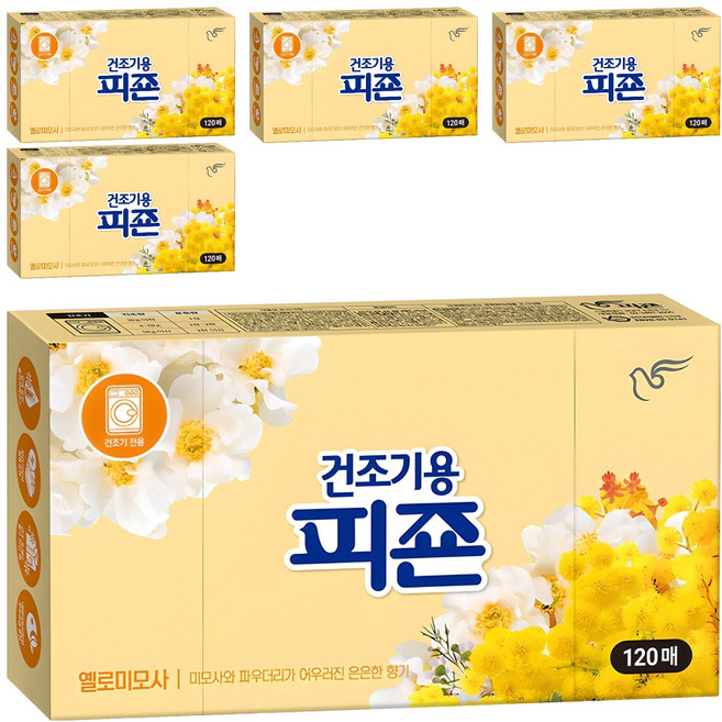 피죤 건조기용 오리지널 드라이시트 섬유유연제 옐로미모사 본품, 120매입, 5개