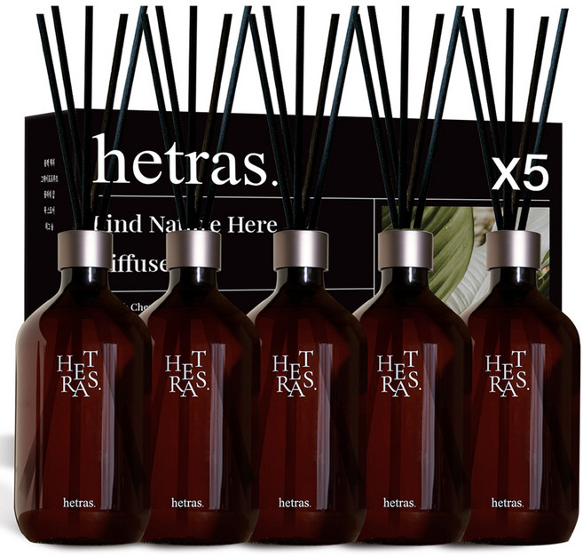 헤트라스 프리미엄 대용량 디퓨저 선물세트, 플라워파크+블랙체리+허그솝+그레이프프루트+북스토어, 500ml, 5개