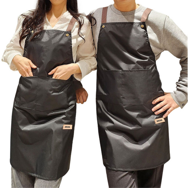 아루카 여성용 초경량 H형 카페 주방 업소용 방수 앞치마, 다크블랙, 2개