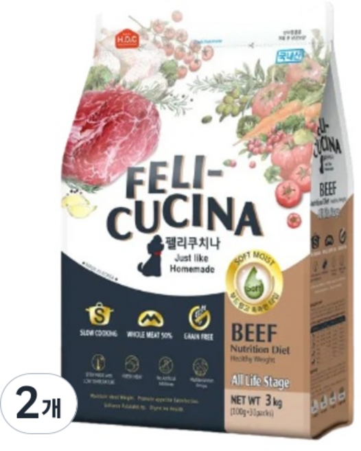 펠리쿠치나 전연령 강아지 소프트사료, 소, 3kg, 2개