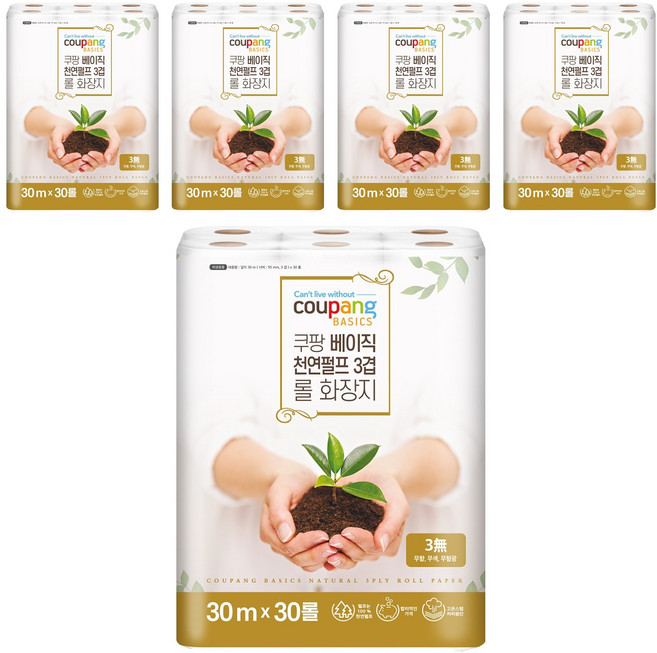 쿠팡 베이직 천연펄프 3겹 롤 화장지, 30m, 30개입, 5개