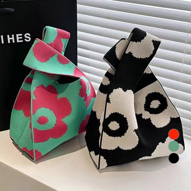 버블리데이 여성용 니트 토트 미니 에코 손목가방 2종 세트 플라워