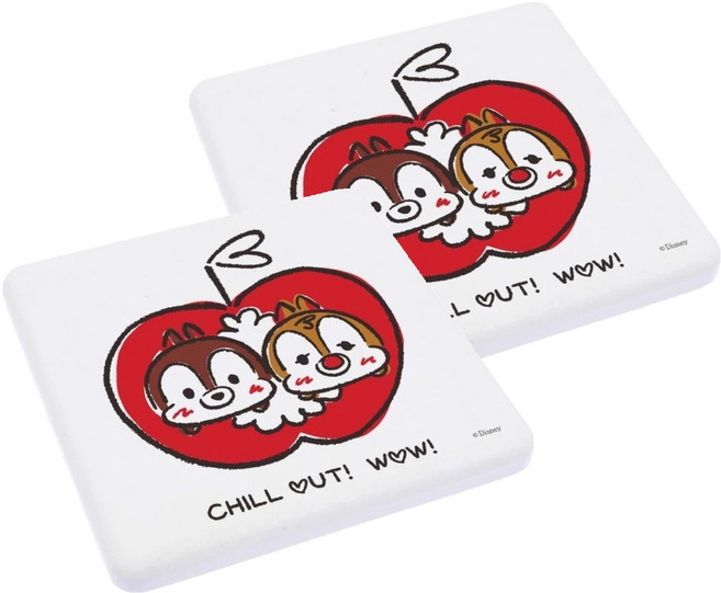 收納王妃 Tsum硬式珪藻土杯墊 方 2個, 蘋果奇奇蒂蒂 白色 + 紅色, 1組