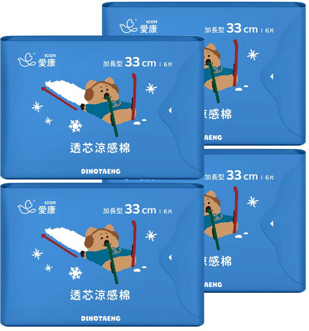 icon 愛康 DINOTAENG特別款 透芯涼感棉 護翼型, 夜用加長型(33cm), 6片, 4包