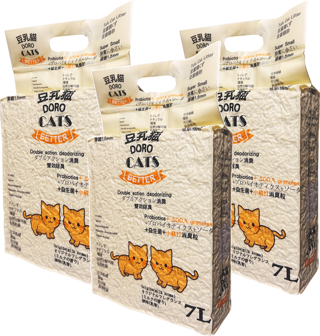 DORO CAT 豆乳貓 添加益生菌與小蘇打顆粒雙重除臭極細豆腐貓砂, 7L, 3包, 原味