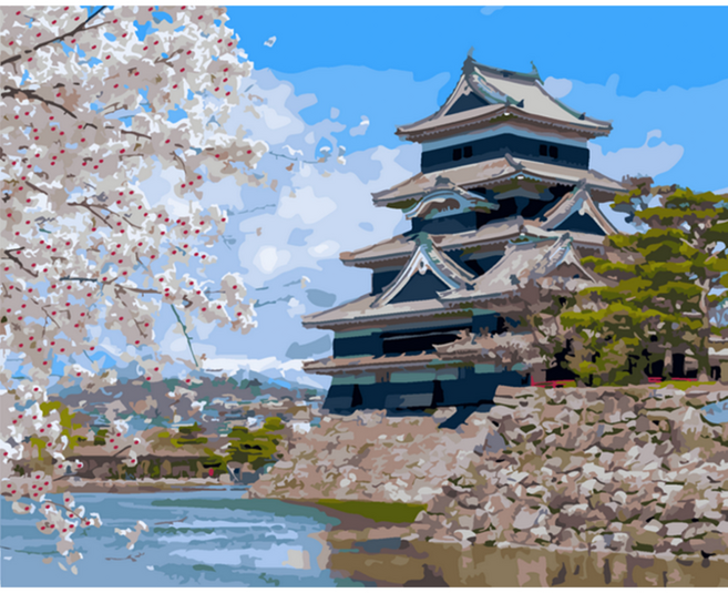 ArtLife 藝術生活 數字油畫DIY DT212 40 x 50cm, 櫻花松本城 白色 + 黑色線條, 1個
