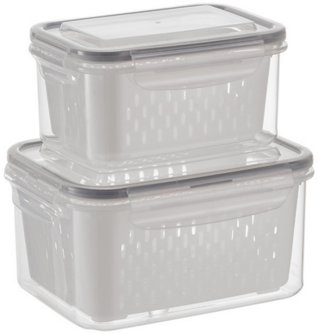 데일리픽 물빠짐 과일 야채 보관 밀폐용기 2종 세트 그레이, 1세트, 850ml + 1750ml