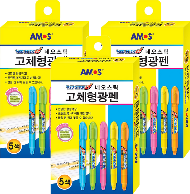 아모스 네오스틱 고체형광펜, 혼합색상, 15개입