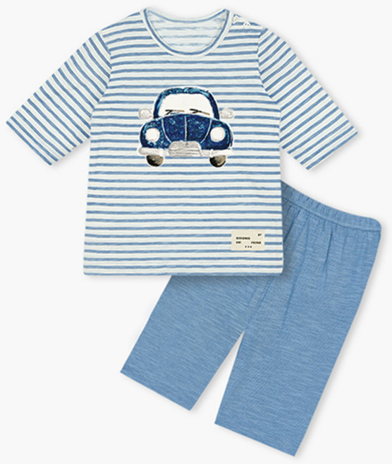 unifriend 童款經典汽車竹節棉7分袖上衣長褲組