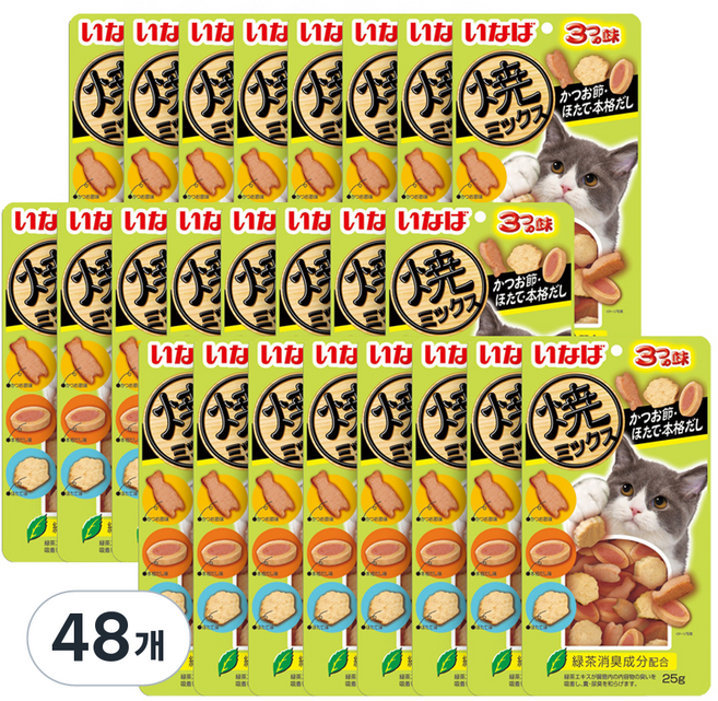 이나바 고양이 야끼믹스 간식, 혼합맛(가다랑어포/가리비/정어리스프), 25g, 48개
