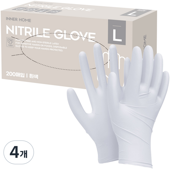 이너홈 니트릴 장갑 무분말타입 200p, 화이트, 대(L), 4개