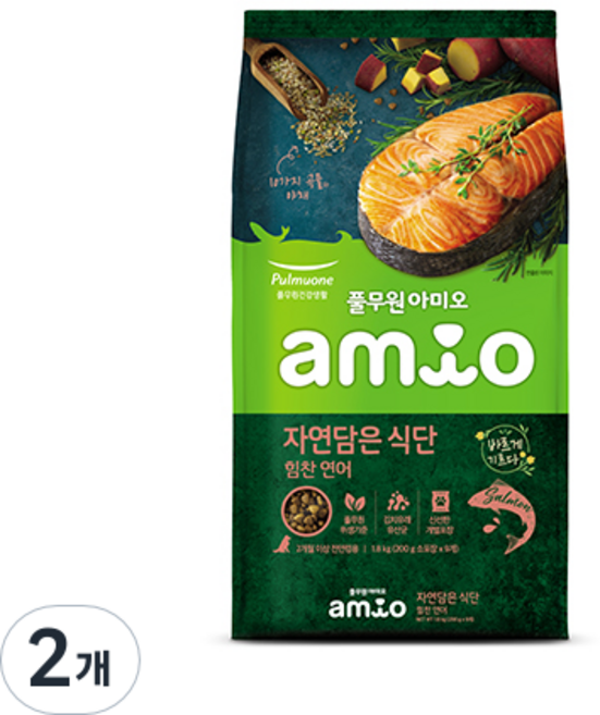 풀무원아미오 자연담은식단 힘찬연어 건식사료, 연어, 1.8kg, 2개