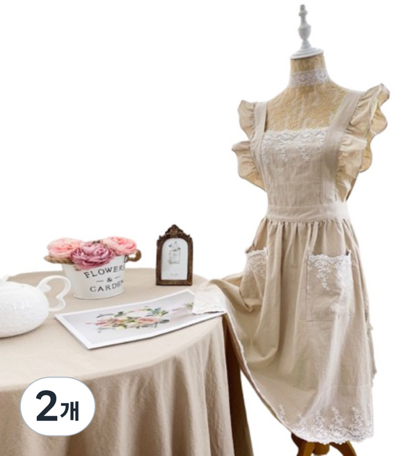 赫賽 女性用蕾絲棉質碎花連身裙式圍裙, 米色, 2個