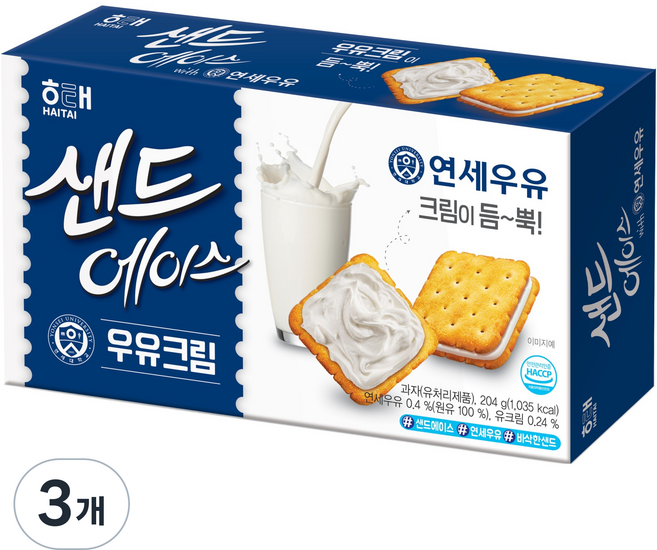 해태제과 샌드에이스 우유크림, 204g, 3개
