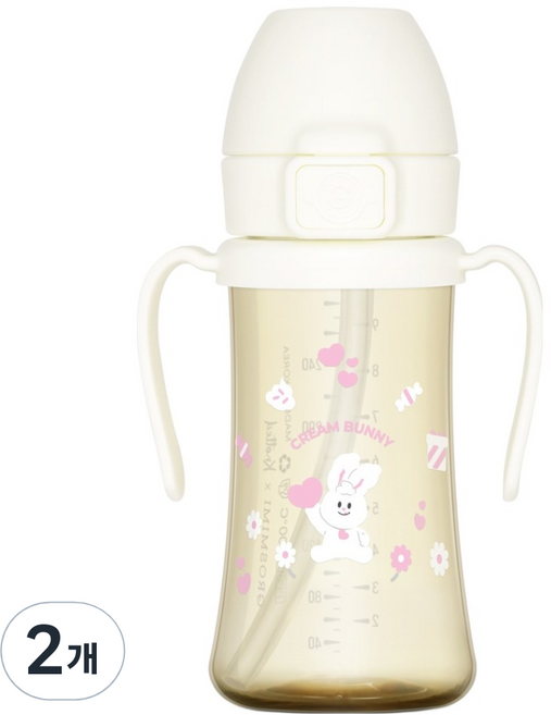 그로미미 노티드 PPSU 유아용 1단계 빨대컵, 300ml, 2개, 밀크