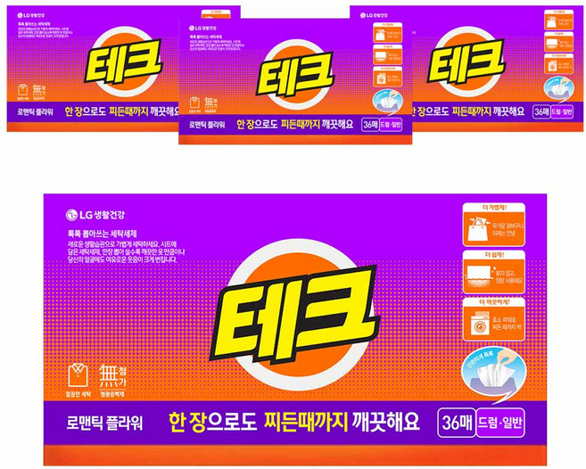 테크 간편 시트세제 일반드럼 겸용 로맨틱 플라워향, 36매, 4개