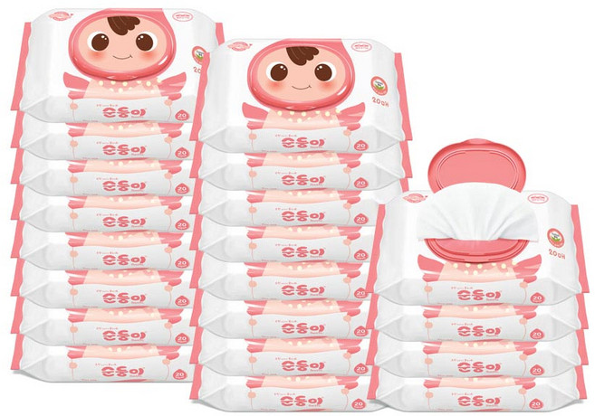 순둥이 베이직 무향 엠보싱 휴대용 유아물티슈 캡형, 55g, 20매, 20개