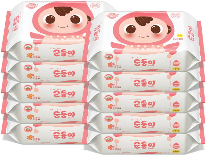순둥이 베이직 무향 엠보싱 유아물티슈 플러스 리필형, 55g, 100매, 10개