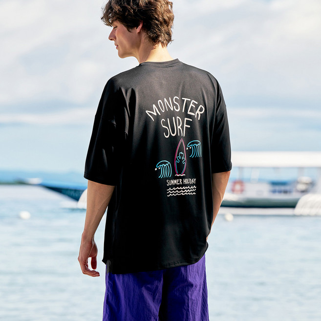 블랙몬스터핏 쿨 비치웨어 반팔 래쉬가드, 몬스터서핑 블랙