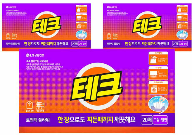 테크 간편 시트세제 일반드럼 겸용 로맨틱 플라워향, 20매, 3개