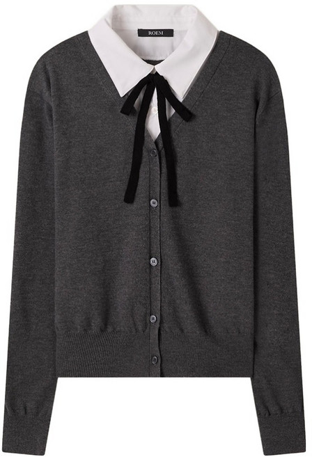 Roem 女款撞色領帶梭織拼接開襟衫