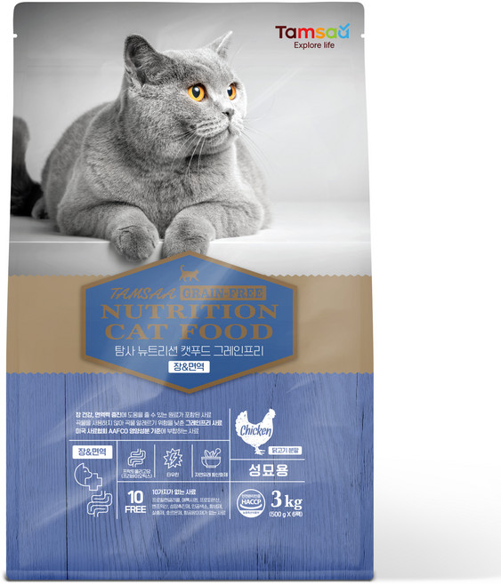 탐사 프리미엄 뉴트리션 캣 푸드 그레인프리 고양이 사료 장&면역, 치킨, 1개, 3kg