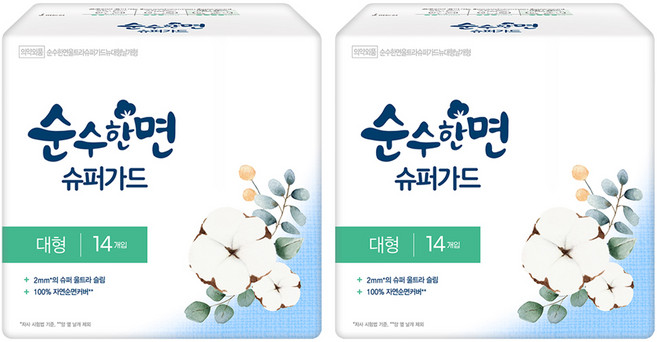 순수한면 슈퍼가드 생리대 날개형, 대형, 14개입, 2개