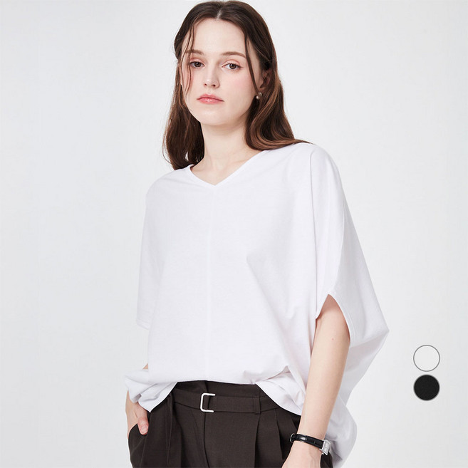 ELLE PARIS 여성용 루즈핏 브이넥 가오리 반팔 티셔츠