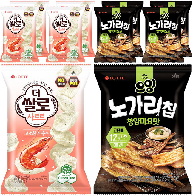 롯데웰푸드 더쌀로 사르르 고소한새우맛 50g 5p + 오잉 노가리칩 청양마요맛 60g 5p, 1세트