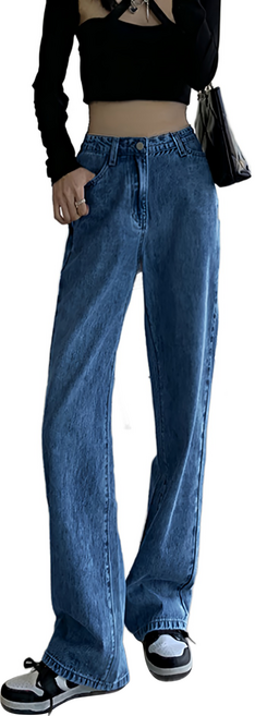 高腰素面直筒牛仔寬褲