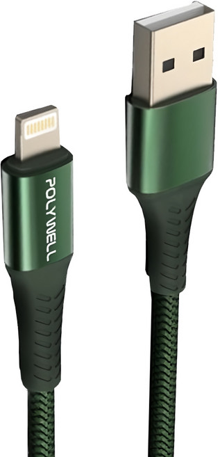 POLYWELL 寶利威爾 USB-A To Lightning 編織充電線 適用iPhone PW15-W45-A279, 1m, 綠色, 1條