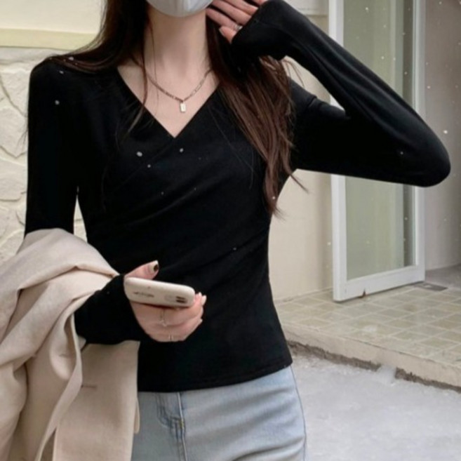 페이퍼먼츠 여성용 랩브이넥 슬림핏 긴팔 티셔츠 08687