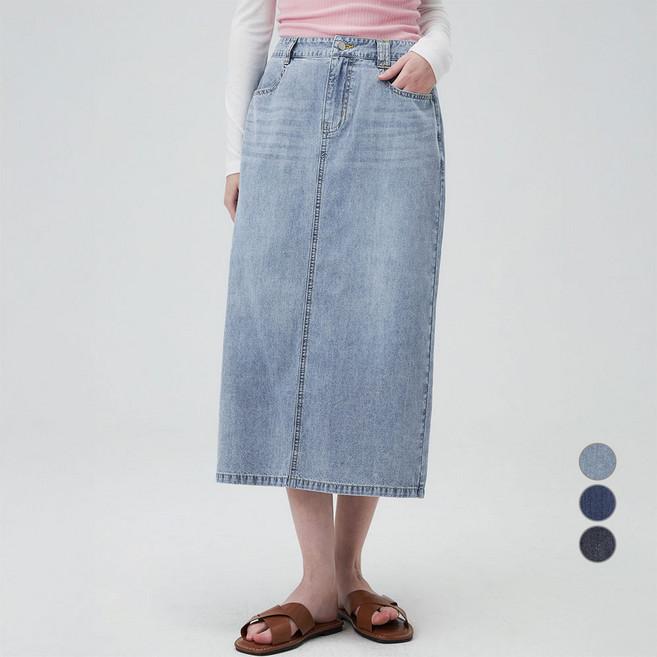 ELLEPARIS 여성용 린넨라이크 경량 데님 H라인 하프밴딩 롱 스커트