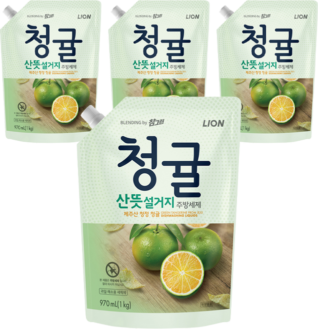 참그린 청귤 산뜻 설거지 주방세제 리필, 970ml, 4개
