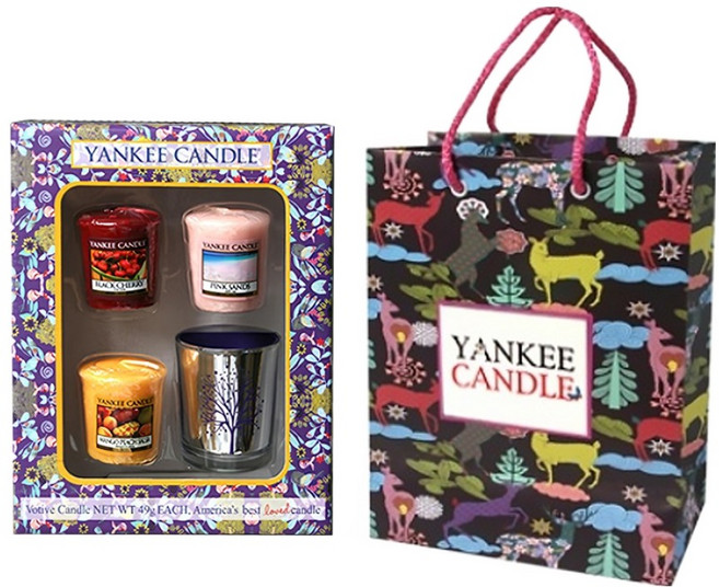 YANKee CANDLe 芳香蠟燭禮盒組 蠟燭款式隨機*3+蠟燭燈座 紫色樹木*1+紙袋*1, 款式隨機, 顏色隨機