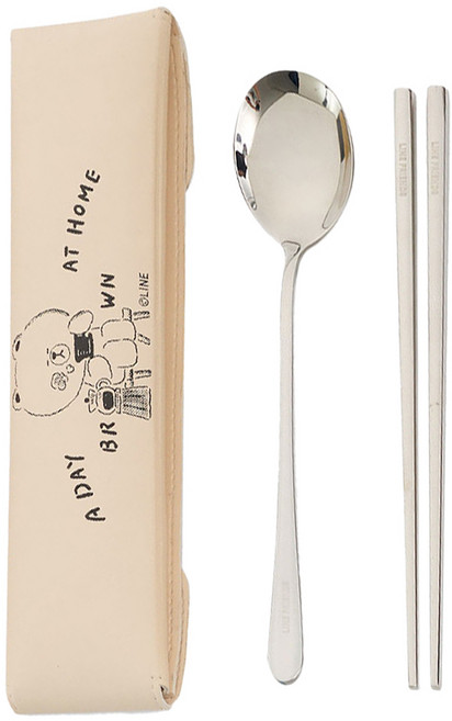 Hiromimi LINE FRIENDS 宅家餐具組, 收納包 + 湯匙 + 筷子, 熊大 米色, 1組