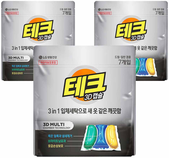 테크 3D 캡슐세제 3챔버 일반 / 드럼 겸용 리필, 7개입, 3개