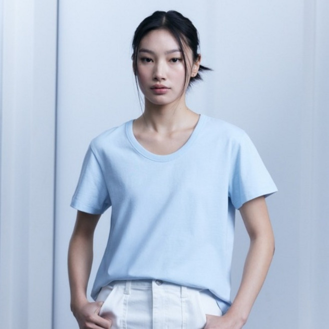 게스 여성용 UV넥 에브리데이 면 반팔 티셔츠 OP2K5402LBLM