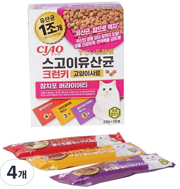 챠오츄르 전연령 고양이 CIAO 스고이유산균 크런키 참치포 버라이어티 P-245K 10p, 4개, 200g, 닭