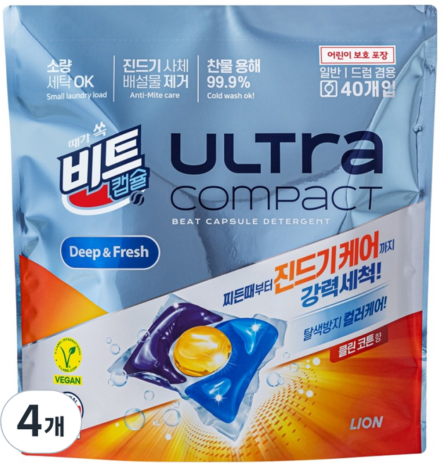 비트 울트라콤팩트 진드기제거 캡슐세제 클린코튼, 40개입, 4개