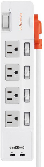 PowerSync 群加 45度斜角插頭延長線 TR829018A 白色 2P + 3P 4開8插 + 2孔 Type-C 36W 快充, 1個
