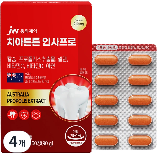 JW중외제약 치아튼튼 인사프로 프로폴리스 90g, 4개, 60정 - 쿠팡