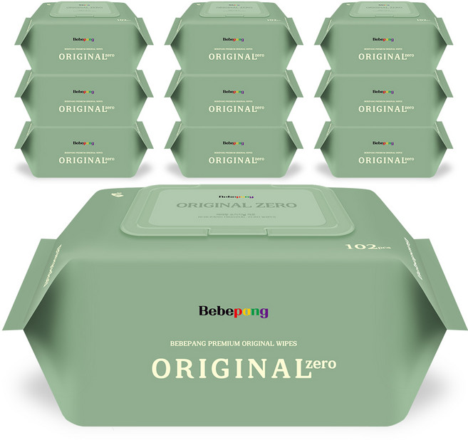 베베팡 오리지널 제로 아기물티슈 캡형, 52g, 102매, 10개
